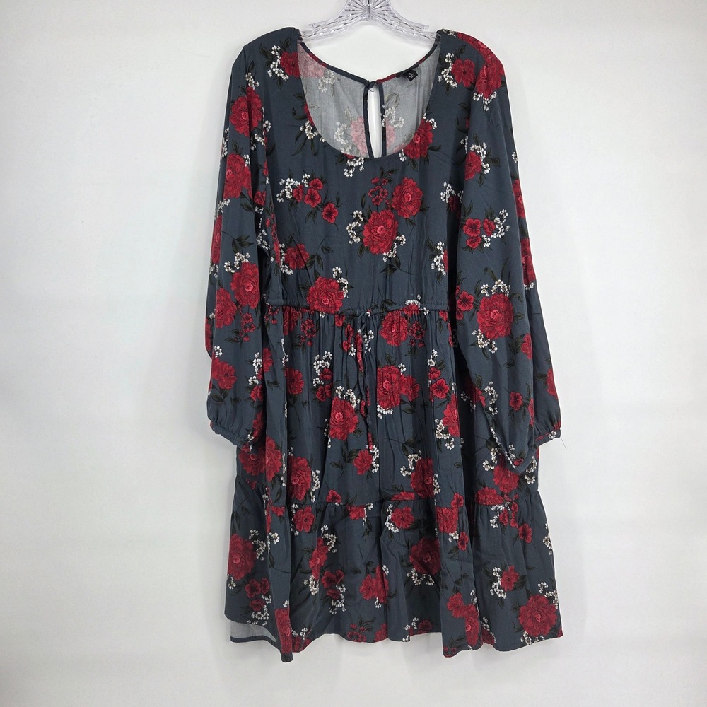 Torrid Babydoll Mini Dress 4 Blue Red Floral Long Sleeve Boho Art-Inspired Tier